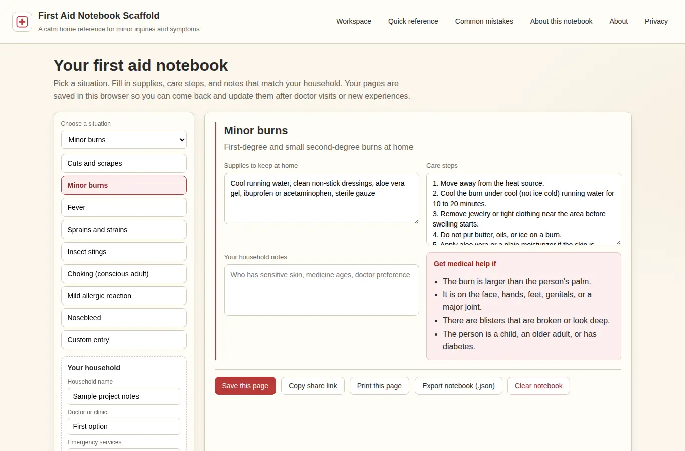 Screenshot of First Aid Notebook Scaffold interface showing the project page in use